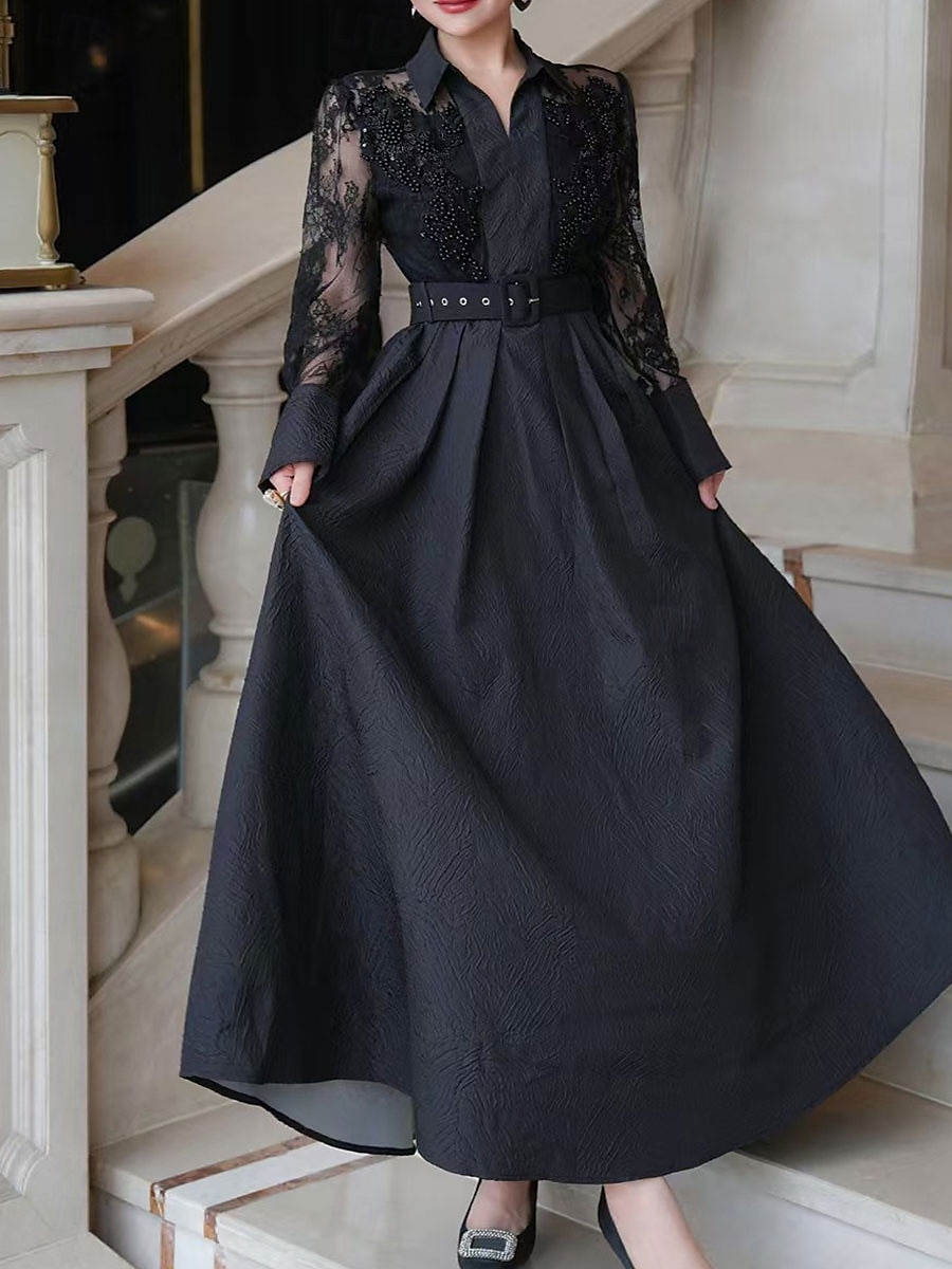 A-Linie Brautmutter Kleid Eleganter Hemdkragen Knöchellang Polyester Langarm mit Spitze Gurt  Band 2025 - $139.99 –P7