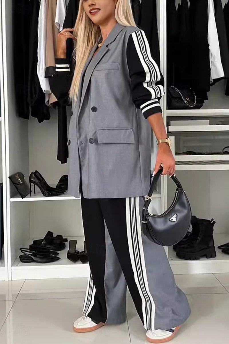 Γυναικεία Στυλάτο Δουλειά Σετ παντελονιών Blazer Suits Μακρυμάνικο Κλασικό Πέτο Ριγέ Στάμπα Causal Καθημερινά Γκρίζο Άνοιξη Κανονικό 2025 - $67.99 –P2