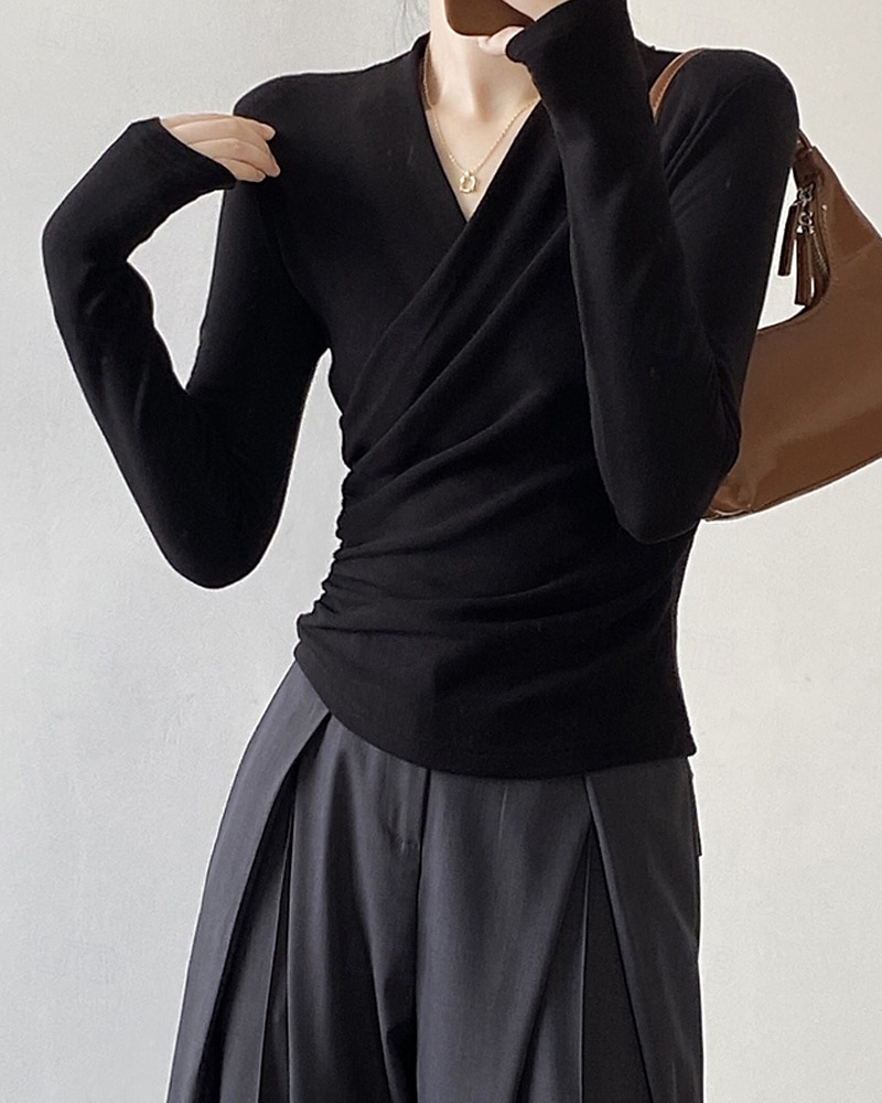 Femmes Chemisier Uni Moderne Occasionnel manche longue Col en V Hauts Réguliers Quotidien Fête Froncé Noir Blanche Marron clair Automne de 2025 ? $22.99 –P17