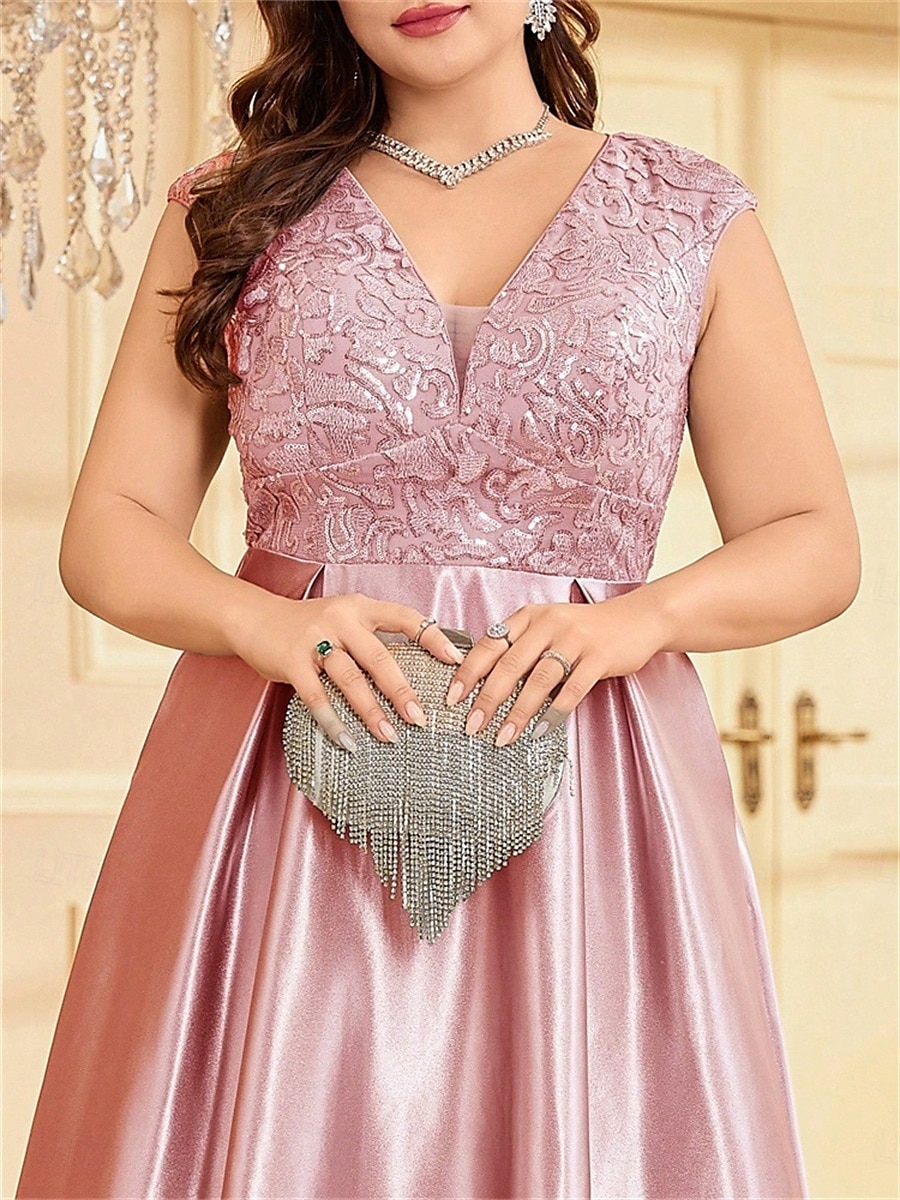 Robe A-Line Grande Taille Élégante Robe Courbe De Mariage Formelle Longue Au Sol Manches Courtes Col en V Satin Dos Nu Avec Plis 2025 de 2025 ? $119.99 –P17