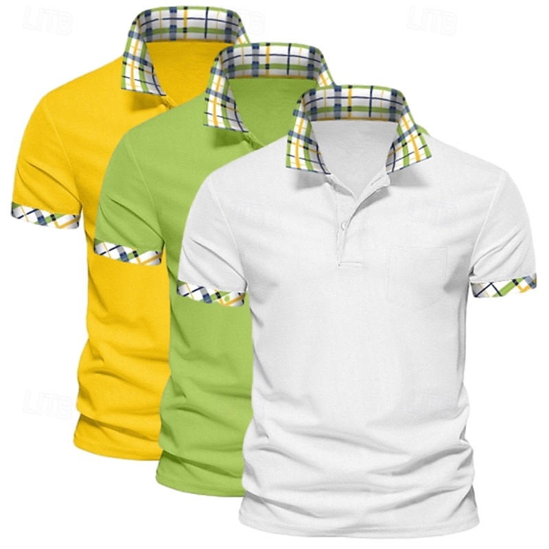 Camisa polo masculina de 3 peças, cor sólida, xadrez, bloco de cores, camisa de golfe, manga curta, lapela, casual, esportiva e ao ar livre, botões, verão, primavera e outono, verde, azul de 2025 por $45.99 –P5