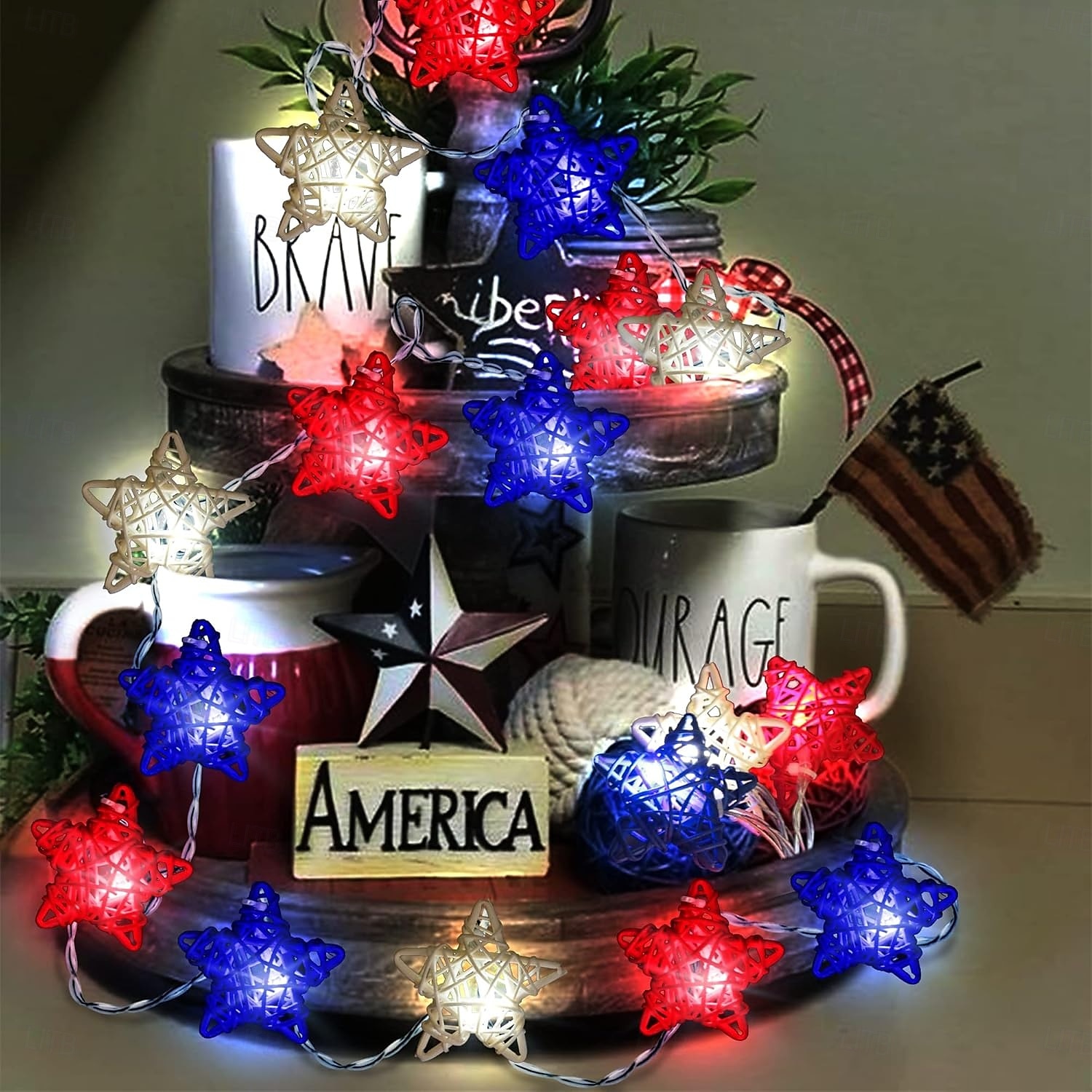 1 Pc 3M-20 LED Star String Lights Red, White, Blue Vine Weaving Pentagram Light String July 4th Independence Day Party Patriotic Atmosphere Decorative Light AAA Battery Box 2025 - $14.49 –P7
