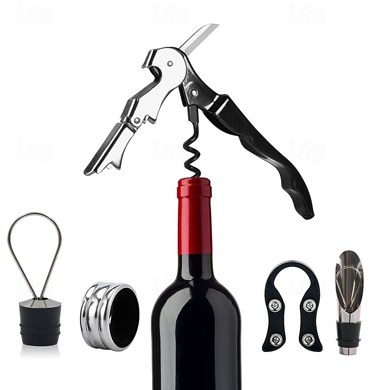 Wine Opener Set Waiters Corkscrew Stainless Foil Cutter Leak Proof Bottle Stoppers Pourer Anti Overflow Collar Drip Ring Included Manual Cap Opening Tool for Cork Manual Wine Bottle Opener Cork 2025 - $8.49 –P1