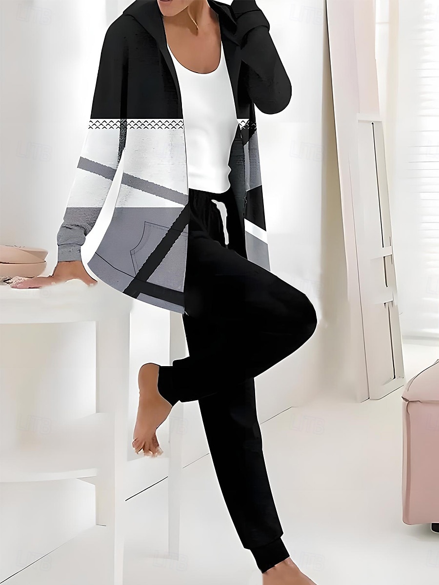 Dames Actief Dagelijks Trui met capuchon Trainingspak Broeken Sets Lange mouw Capuchon Bloemig Grafisch Trekkoord Afdrukken Buiten Casual Zwart Donker Marineblauw Licht Bruin Herfst winter Normale 2025 - $49.99 –P4