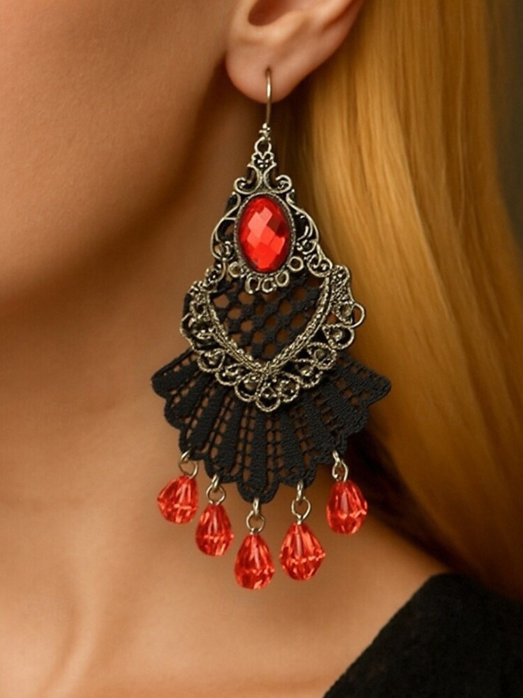 Boucles d'oreilles pendantes gothiques vintage en alliage pour femmes avec pierre noire et perles rouges, bijoux fantaisie pour fête d'Halloween pour style punk rétro de 2025 ? $9.99 –P2