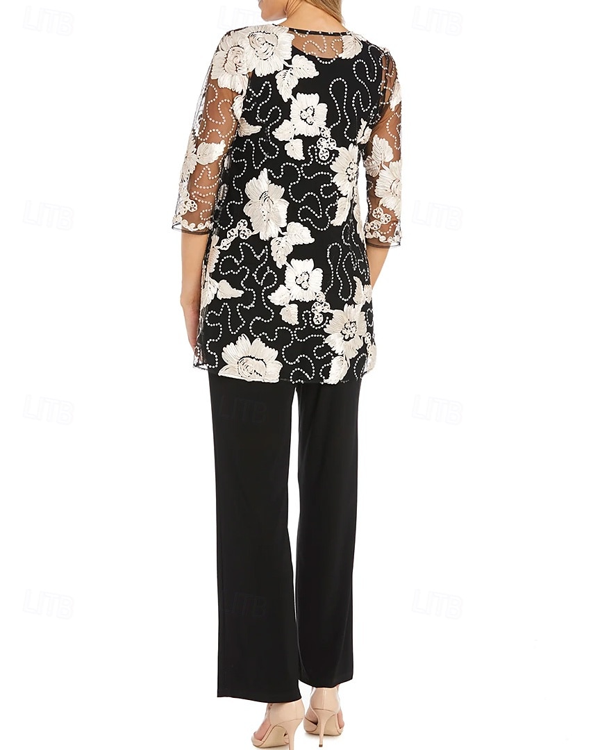 Mono  Traje de Pantalón de 3 Piezas Traje de la Madre de la Novia Traje Elegante Vintage Simple Cuello en V Largo hasta el Tobillo Chiffón Elástico con Manga Corta y Apliques Bordados con Lentejuelas 2025 - $135.99 –P4