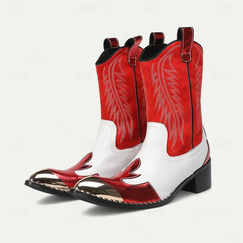 Botine cowboy pentru bărbați roșii și albe – Design cu contrast îndrăzneț cusături clasice cu vârf auriu încălțăminte statement pentru evenimente în aer liber și petreceri tematice 2025 - $149.99 –P2