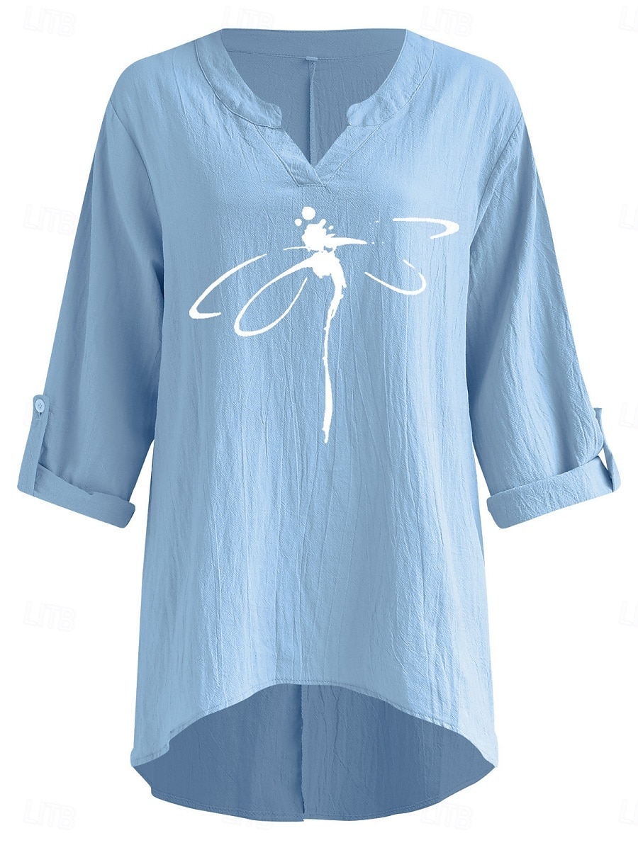 Women's Cotton Linen Shirts Dragonfly Basic Casual Long Sleeve V Neck Regular Tops Daily Print Black Navy Blue Sky Blue Summer Fall 2025 - $29.99 –P7