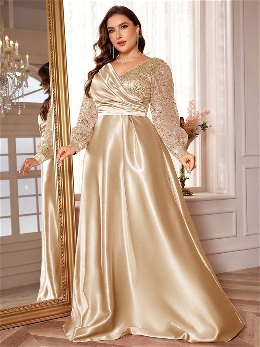 Robe A-Line Grande Taille Élégante Robe Courbe De Mariage Formelle Longue Au Sol Manches Longues Col en V En Polyester Avec Plis 2025 de 2025 ? $119.99 –P16