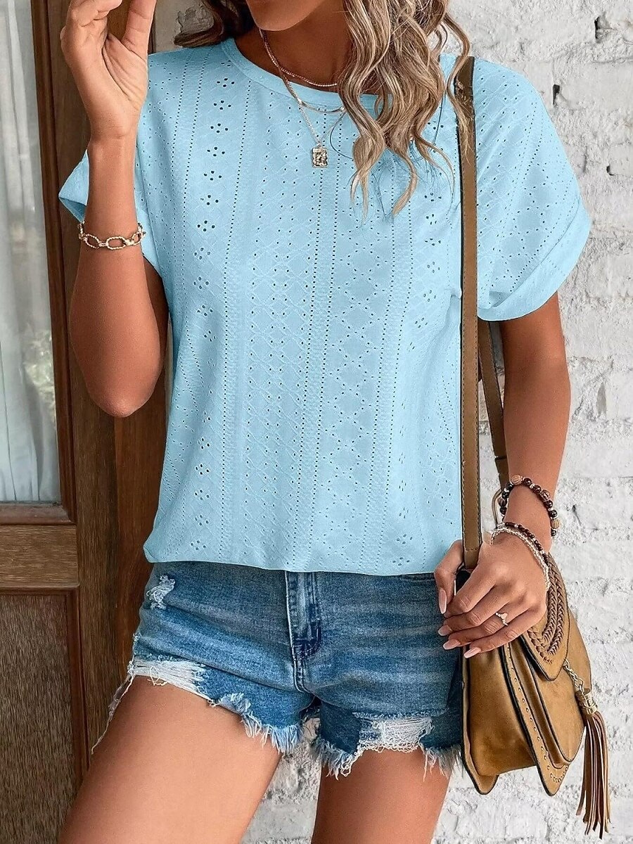 Femmes T-shirt Uni Mode Élégant Classique Manche Courte Col ras du cou Hauts Réguliers Quotidien Week-end Œillet Noir Blanche Rose Claire Bleu Été de 2025 ? $14.99 –P6
