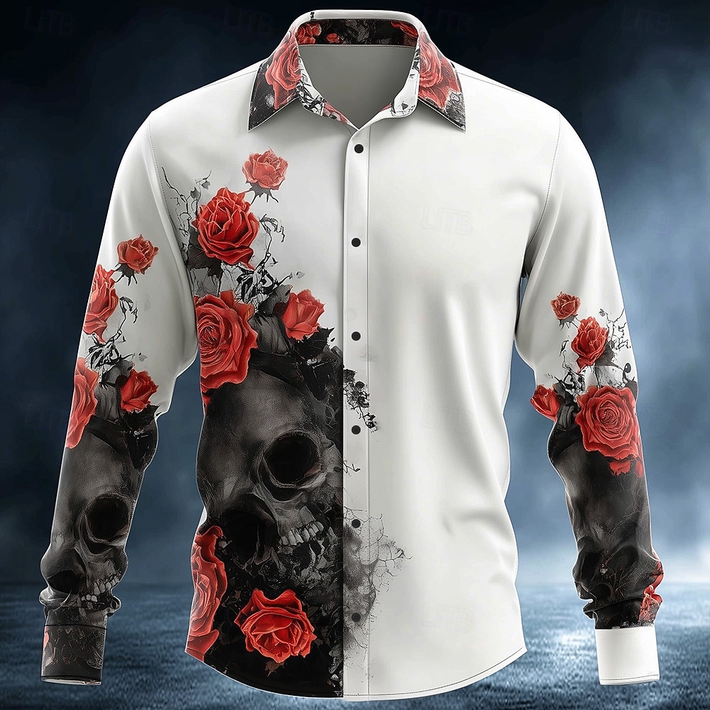 Camicia romantica da uomo camicia a maniche lunghe a bottone stile gotico scuro moda estiva e primaverile camicia colletto con stampa 3D bianca e nera del 2026 a $27.99 –P1