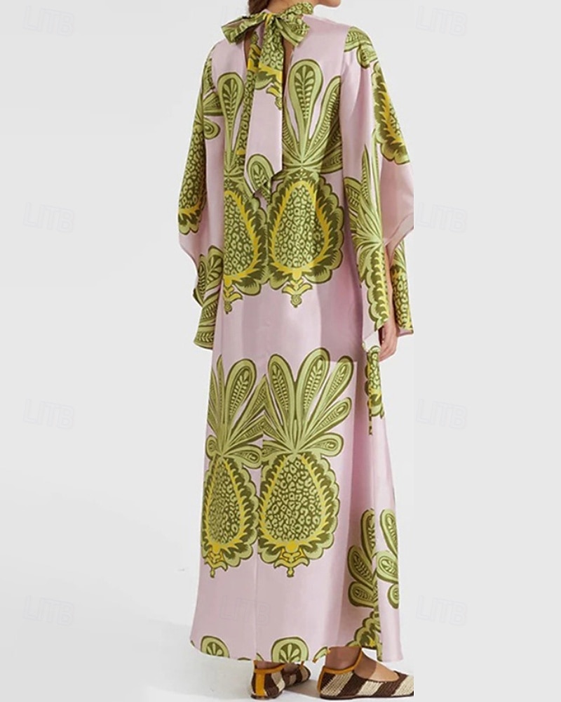 Dame Lang kjole Maxikjole Swingkjole Print kjole Klassisk Moderne utendørs Ut på byen Normal Blomsternål i krystall Langermet V-hals Svart Hvit Rosa Mørkeblå Høst 2025 - $30.99 –P3
