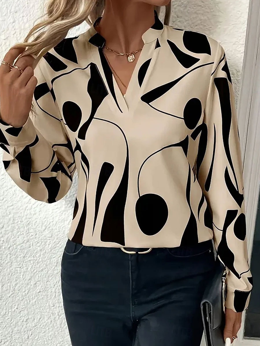 Damen Bluse Grafik Geometrisch Abstrakt Elegant Stilvoll Basic Langarm Hoher Ausschnitt Normale Oberteile Täglich Ferien Schwarz Khaki Frühling Herbst 2025 - Kč479 –P1