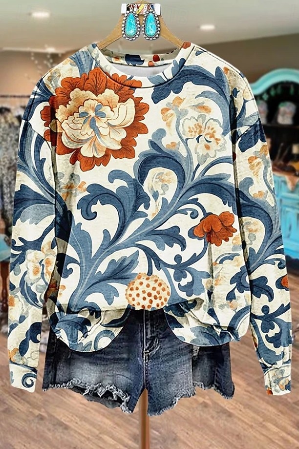 Per donna Felpa Pullover Stampato Floreale Grafico Geometrico Caldo Moda Western Manica Lunga Girocollo Top Regolari Casuale Streetwear Abbigliamento Quotidiano Blu Nero Fucsia Arancione Verde del 2026 a $28.99 –P5