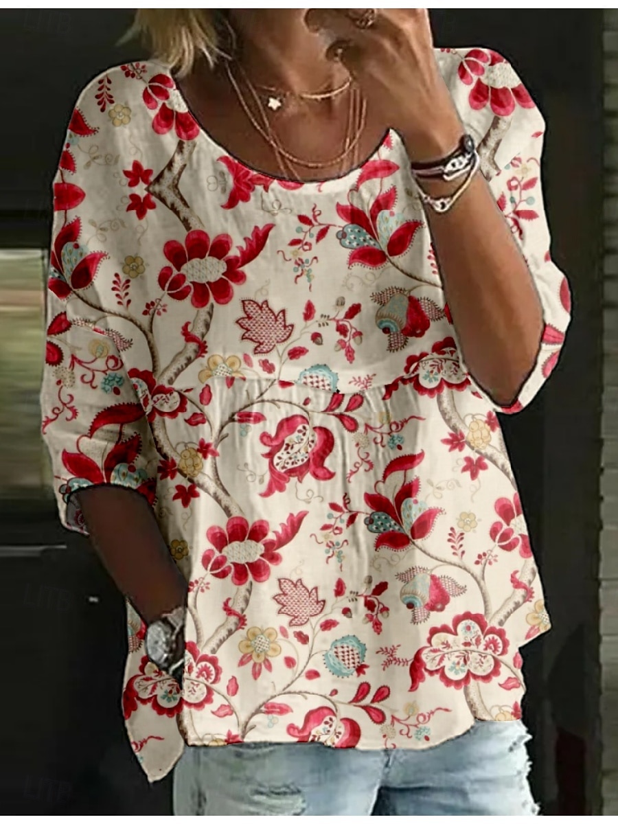 Damen Bluse Druck Blumen Stilvoll Dreiviertelarm Rundhalsausschnitt Normale Oberteile Täglich Ferien Blau Weiß Rote Königsblau Orange Sommer 2026 - $25.99 –P3