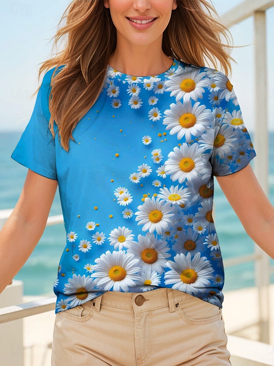 Femmes T-shirt Fleuri Graphique Plantes ancien Élégant Classique Manche Courte Col ras du cou Col rond Hauts Réguliers Quotidien Imprimé Noir et blanc Jaune Bleu Violet Fuchsia Été Printemps de 2025 ? $21.99 –P8