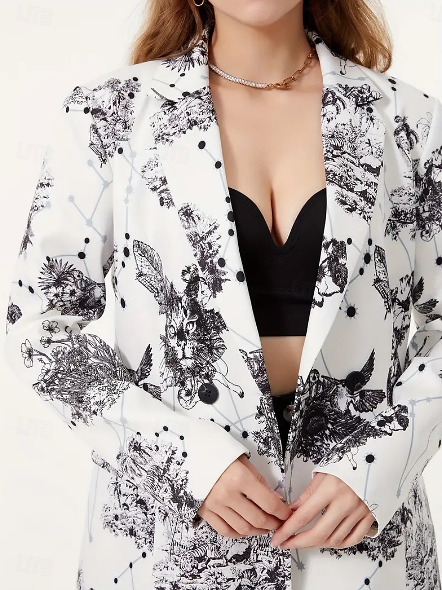 Mujer chaqueta Cómodo Transpirable Estampado Casual Geométrico Oficina Calle Casual Ropa Cotidiana Frente Abierto Regular Solapa de Pico Ajuste regular Manga Larga Ropa de calle Blanco Rosa Azul 2025 - $37.99 –P6