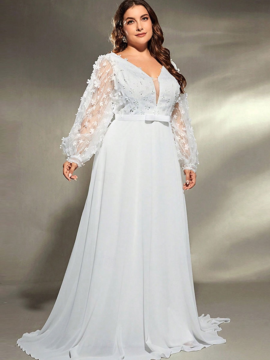 A-Line Evening Gown Elegant Dress Formal Wedding Sweep / Brush Train Long Sleeve V Neck Chiffon with Pleats 2025 - $89.99 –P2