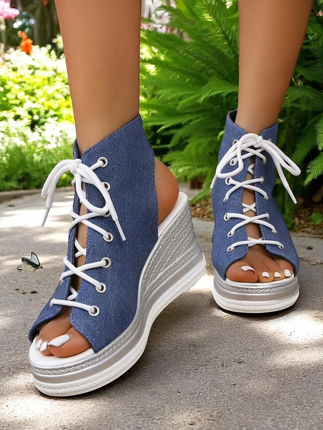 damskie sandały na koturnie z denimu, modne letnie buty z odkrytymi palcami, idealne na basen, wyjścia na brunch i do nadmorskich kawiarni 2025 - $26.99 –P3