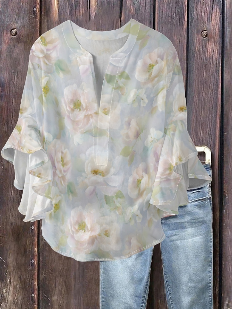 Dame Bluse Blomstret Stilfull Moderne 3/4 ermer V-hals Vanlige topper Daglig Ferie Drapering Trykt mønster Lysegrønn Blå Grønn Grå Lyseblå Sommer 2025 - $22.99 –P1
