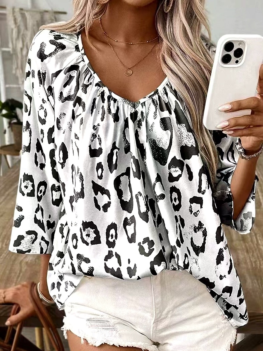 Damskie Letnie szczyty Graficzny Zwierzę Panterka Zabytkowe Codzienny Elegancki Rękaw 3/4 W serek Zwykłe topy Codzienny Smocked Nadruk Czarny Khaki Beżowy Lato Wiosna Jesień 2025 - $17.99 –P5
