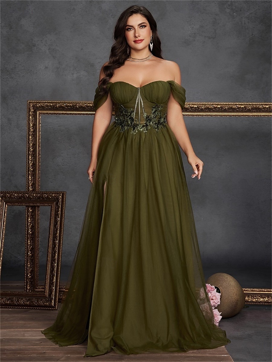 Vestidos A-Line Plus Size Vestido Curvo Elegante Formal Casamento Comprimento do Chão Sem Mangas Ombro Descido Chiffon Costas à Mostra com Fenda 2025 de 2025 por $129.99 –P1