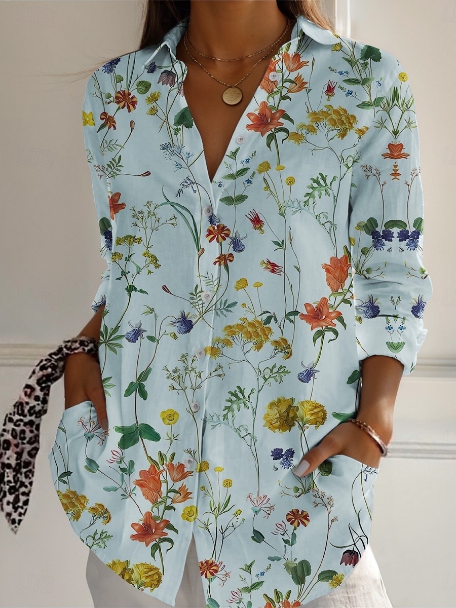 Dames Overhemd Bloemig Actief Dagelijks Stijlvol Lange mouw Overhemdkraag Normale tops Dagelijks Feestdagen Knop Afdrukken Wit Blozend Roze Marineblauw blauw Groen Lente Herfst 2025 - $25.99 –P3