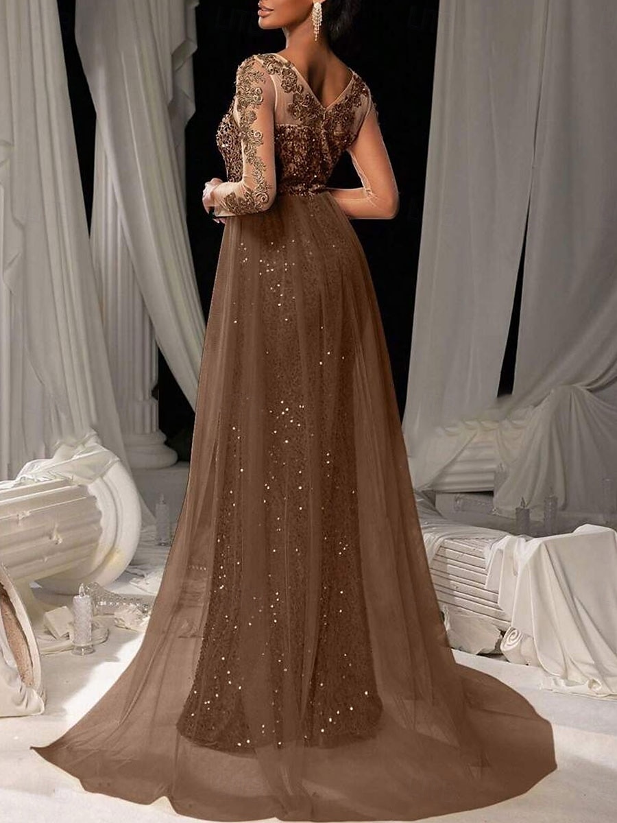 Brown Mermaid / Trumpet Evening Gown Elegant Dresse Embroidered Lace Applique Formal Wedding Floor Length Long Sleeve Crew Neck Tulle with Sequin Skirt 2025 - $119.99 –P5