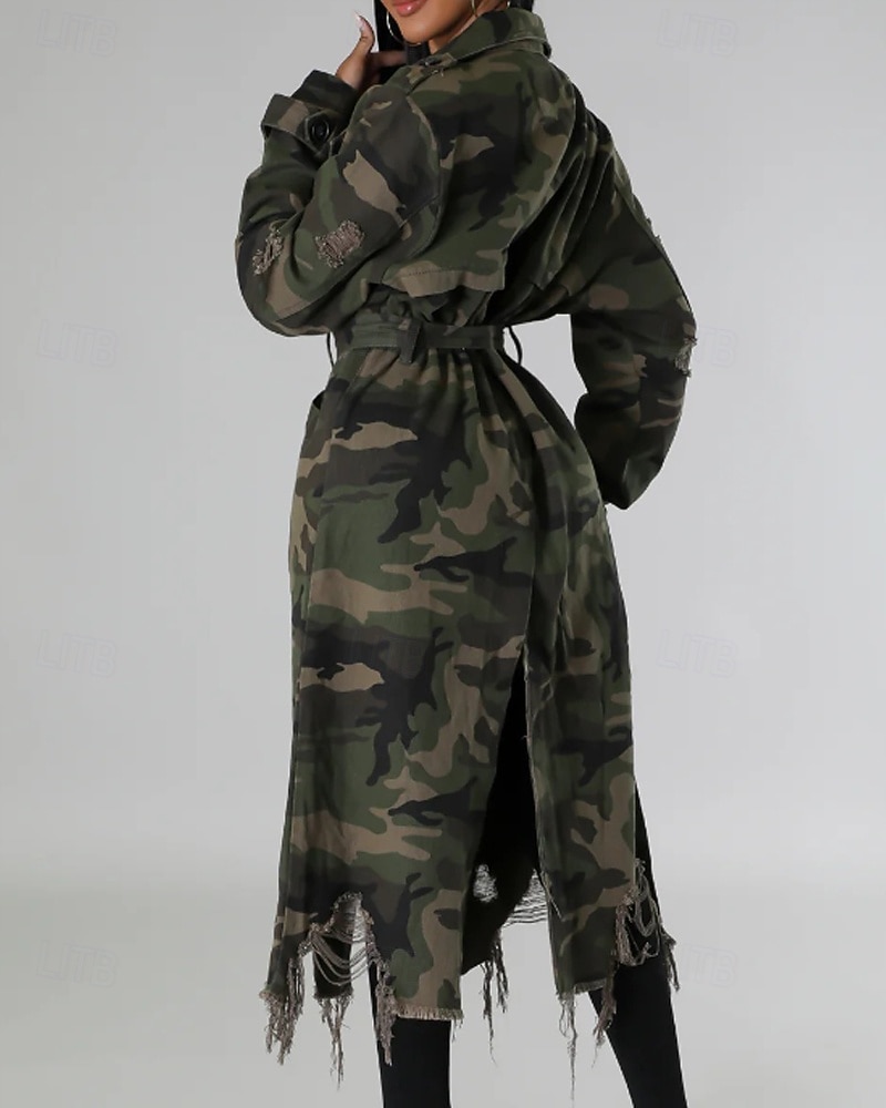 Damen Trenchcoat Bequem Knöpfe Tasche Modern Streetstyle Tarnung Outdoor Ausgehen Einreihig Lang Umlegekragen Normale Passform Langarm Oberbekleidung Hellgrün Dunkelgrün Herbst Winter 2025 - $46.99 –P15