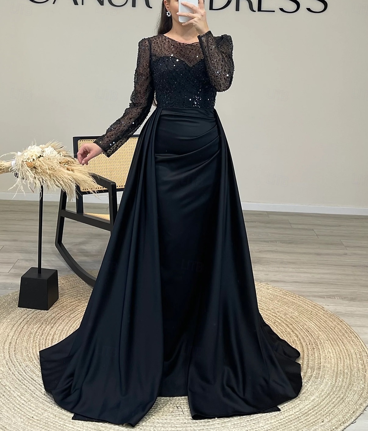 Meerjungfrauenschnitt Abendkleid Elegant Kleid Karneval Formell Bodenlang Langarm Illusionsausschnitt Abnehmbar Satin mit Perlen Überrock 2025 2025 - $159.99 –P6