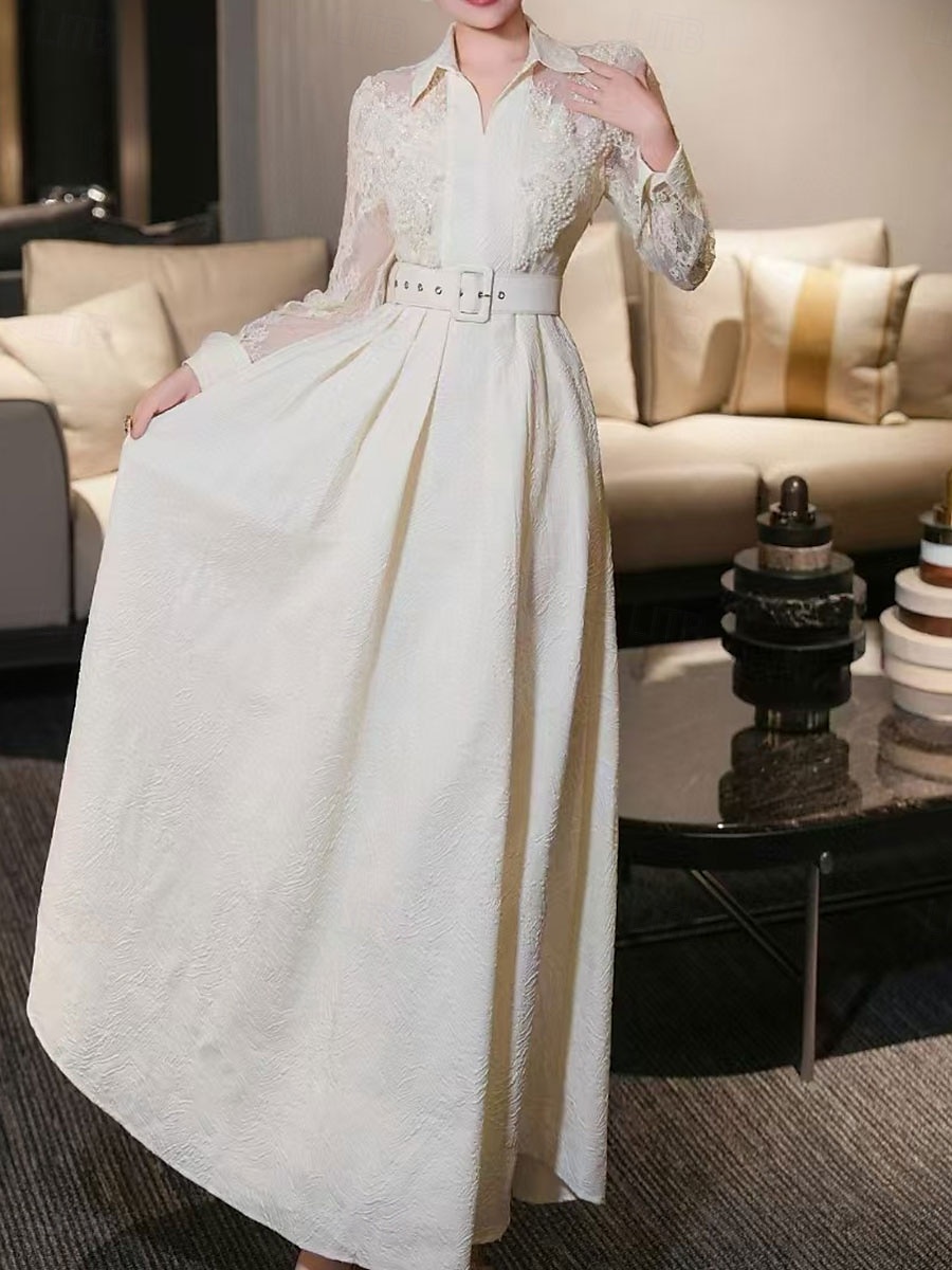 A-Linie Brautmutter Kleid Eleganter Hemdkragen Knöchellang Polyester Langarm mit Spitze Gurt  Band 2025 - $139.99 –P14