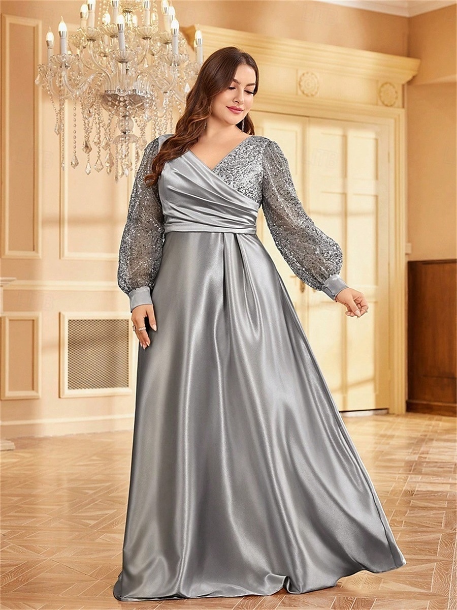 Robe A-Line Grande Taille Élégante Robe Courbe De Mariage Formelle Longue Au Sol Manches Longues Col en V En Polyester Avec Plis 2025 de 2025 ? $119.99 –P35
