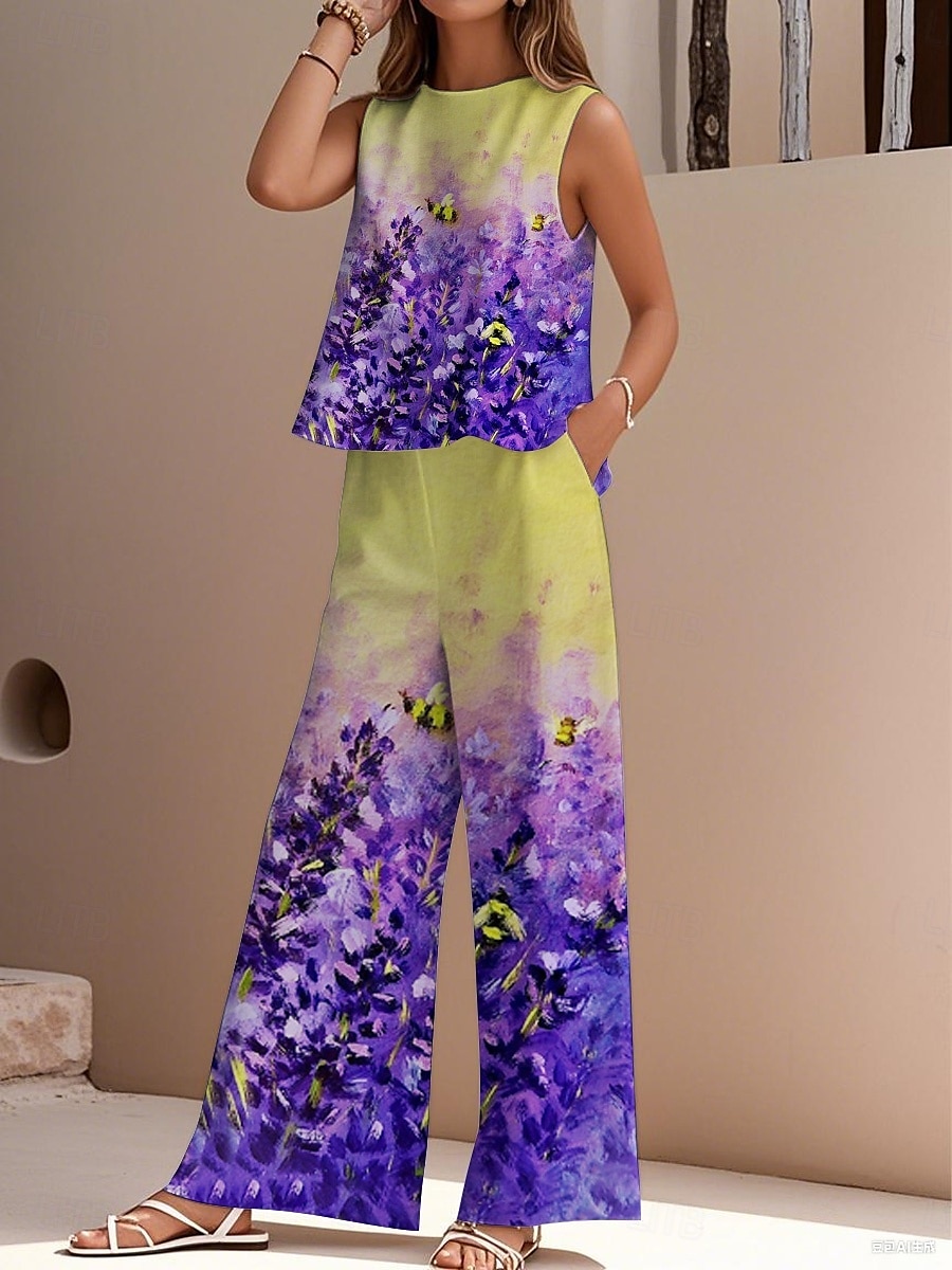 Women's Elegant Fashion Streetwear Two Piece Sets Blouse Vest Pants Trousers Sleeveless Crew Neck Outdoor Work Casual Floral Print Vacation Daily Holiday Blue Purple Green Summer Regular Fit 2025 - $36.99 –P1