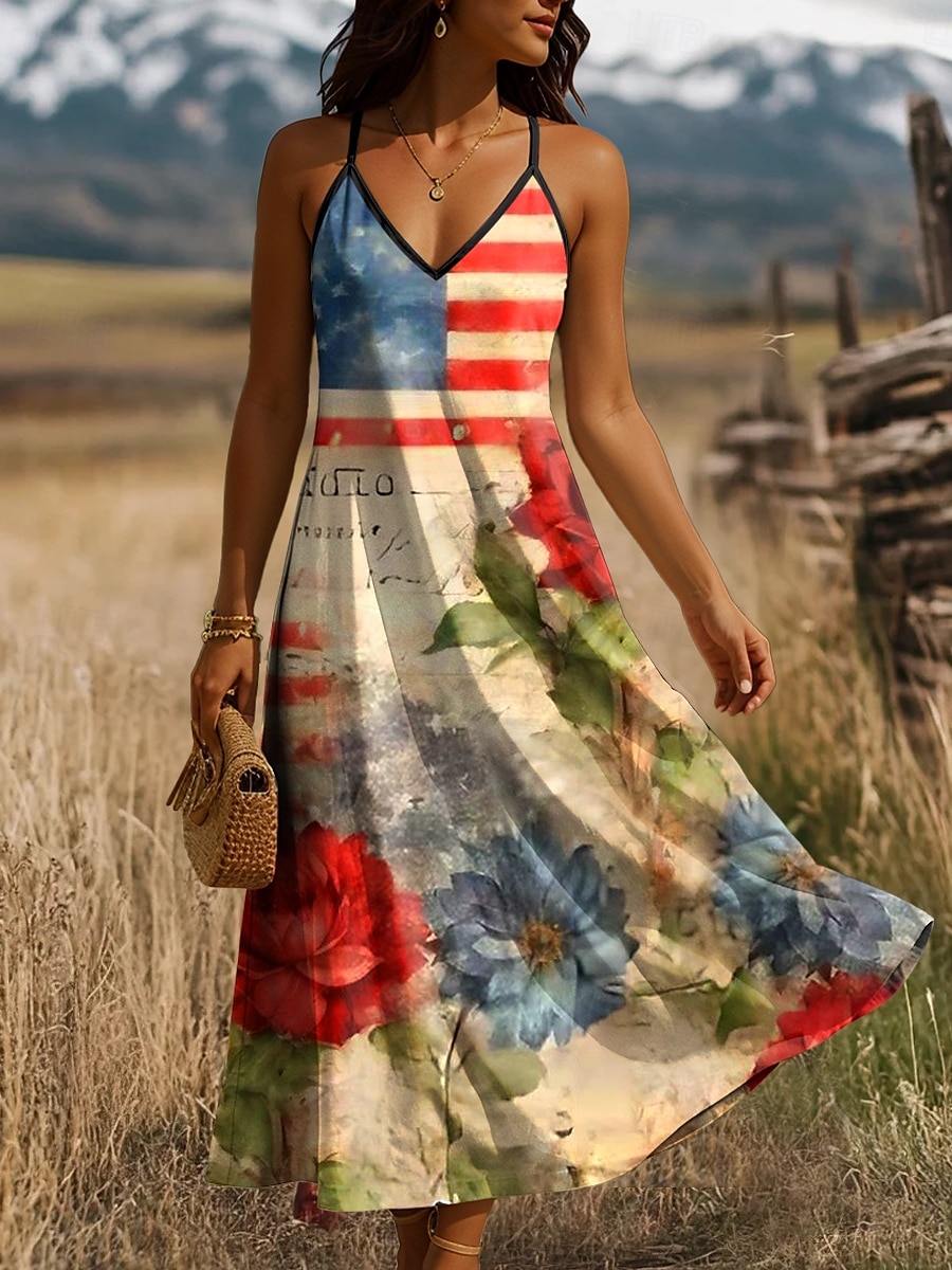Rochie maxi patriotică pentru femei rochie în linie A rochie tip slip pentru vacanță casual grafic cu steagul american fără mâneci cu decolteu în V bretele spaghetti galben deschis roșu bleumarin 2025 - $27.99 –P1