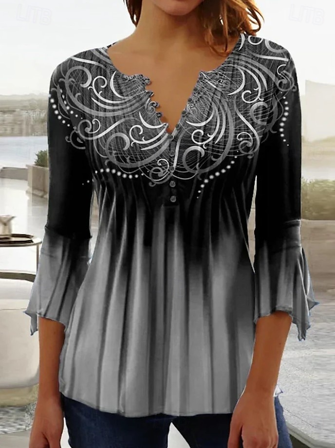 Kvinnors Blus V-hals Ombre Floral Graphic Elegant 3/4 Längd Ärm Vanliga Topp Daglig Ute Knappar Gräsgrön Svart och grå Blå Lila Grön Sommar Vår Höst 2025 - $27.99 –P5
