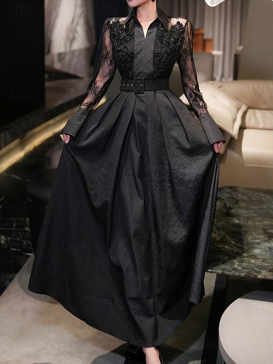 A-Linie Brautmutter Kleid Eleganter Hemdkragen Knöchellang Polyester Langarm mit Spitze Gurt  Band 2025 - $139.99 –P6
