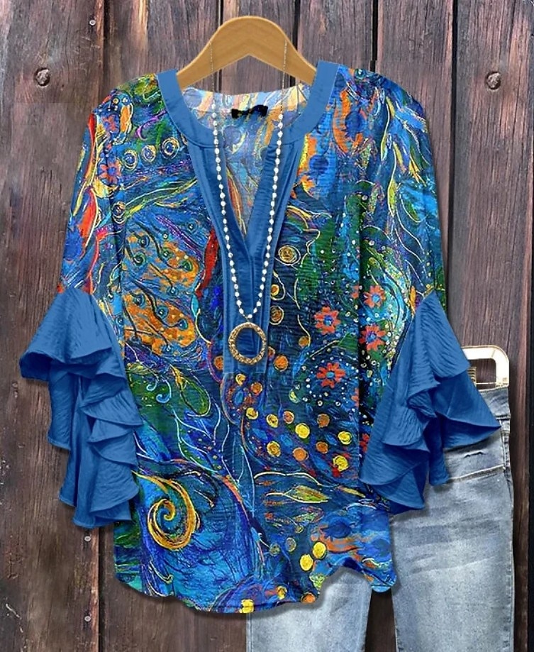 Damen Bluse Blumen Grafik Gestreift Elegant Bohemien Ethnisch Dreiviertelarm V Ausschnitt Normale Oberteile Täglich Ferien Urlaubskleidung Rüsche Druck Rosa Blau Staubiges Blau Grün Khaki Sommer 2025 - $29.99 –P5