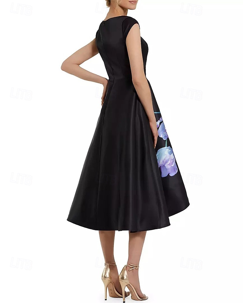 Abito nero a trapezio, abiti da cocktail eleganti, abito formale da sposa, lunghezza tè, lunghezza midi, maniche a cappuccio, scollo a barca, raso con stampa floreale 2025 del 2025 a $130.99 –P2
