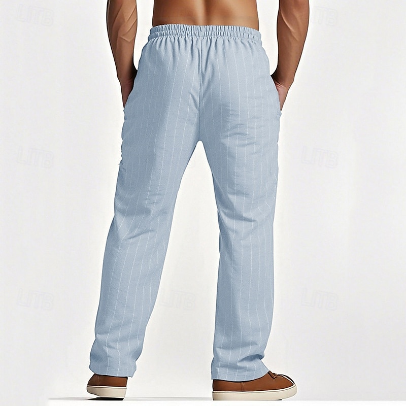 Men's Linen Pants Trousers Summer Pants Beach Pants Pocket Elastic Waist Drawstring Striped Comfort Breathable Vacation Daily Holiday Hawaiian Boho Black White 2025 - $21.99 –P16