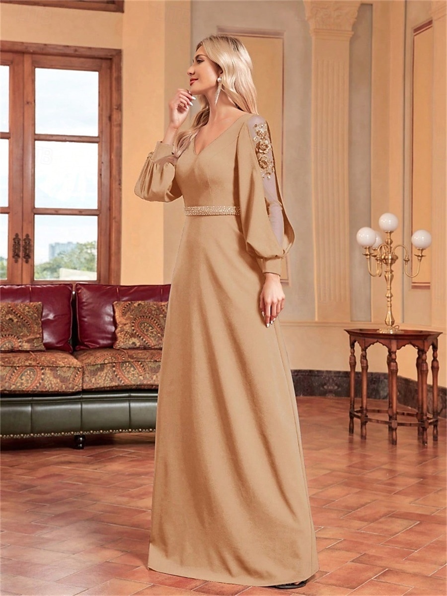 Abiti Quinceanera A-Line abito elegante formale da sposa lungo manica lunga scollatura a V in satin con perline del 2025 a $99.99 –P11