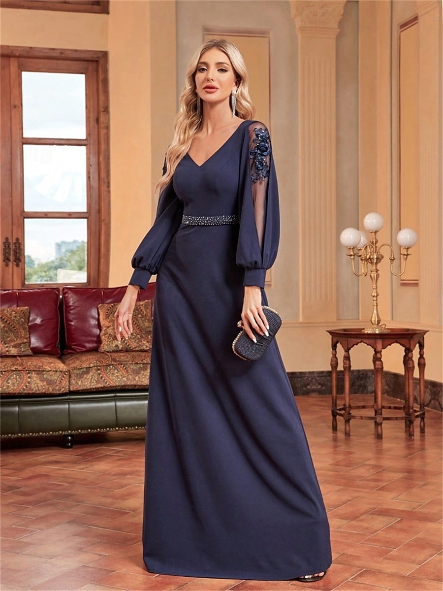Abiti Quinceanera A-Line abito elegante formale da sposa lungo manica lunga scollatura a V in satin con perline del 2025 a $99.99 –P24
