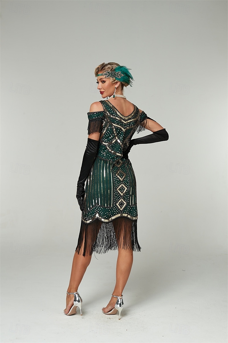 green emerald velvet dress 1920s Halter Fringed Sequin Gatsby Flapper Dress, Green / L main image 1