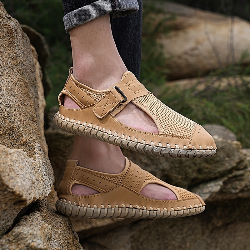 Men's Breathable Mesh Leather Sandals – Casual Hook and Loop Outdoor Fisherman Shoes for Summer Walking and Beach Travel 2025 - $46.99 –P6