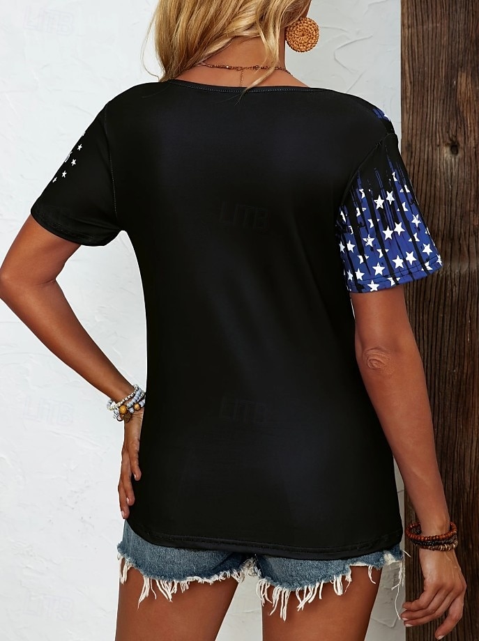 Tricou patriotic pentru femei cu steag steag național stilat casual roșu alb și albastru mânecă scurtă gât în V regular imprimeu zilnic albastru vară primăvară 2025 - $19.99 –P5
