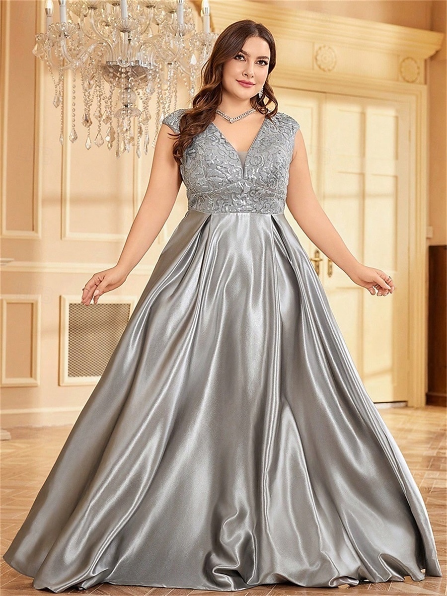 Robe A-Line Grande Taille Élégante Robe Courbe De Mariage Formelle Longue Au Sol Manches Courtes Col en V Satin Dos Nu Avec Plis 2025 de 2025 ? $119.99 –P8