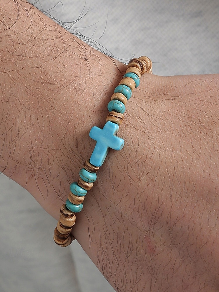 Férfi természetes fa gyöngyös karkötő türkiz kereszttel – kézzel készített bohém rugalmas csuklópánt hétköznapi viseletre, nyári szettekhez és strandhangulathoz 2025 - $9.99 –P2