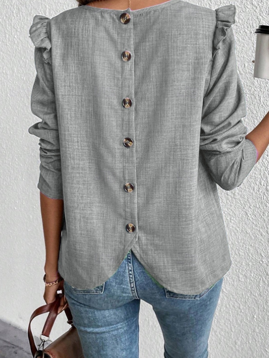 Dame T skjorte عادي Mote Moderne Fritid Langermet Crew-hals Vanlige topper Daglig Helg Drapering Knapper Svart Navyblå Kakifarget Grå Sommer 2025 - $25.99 –P4