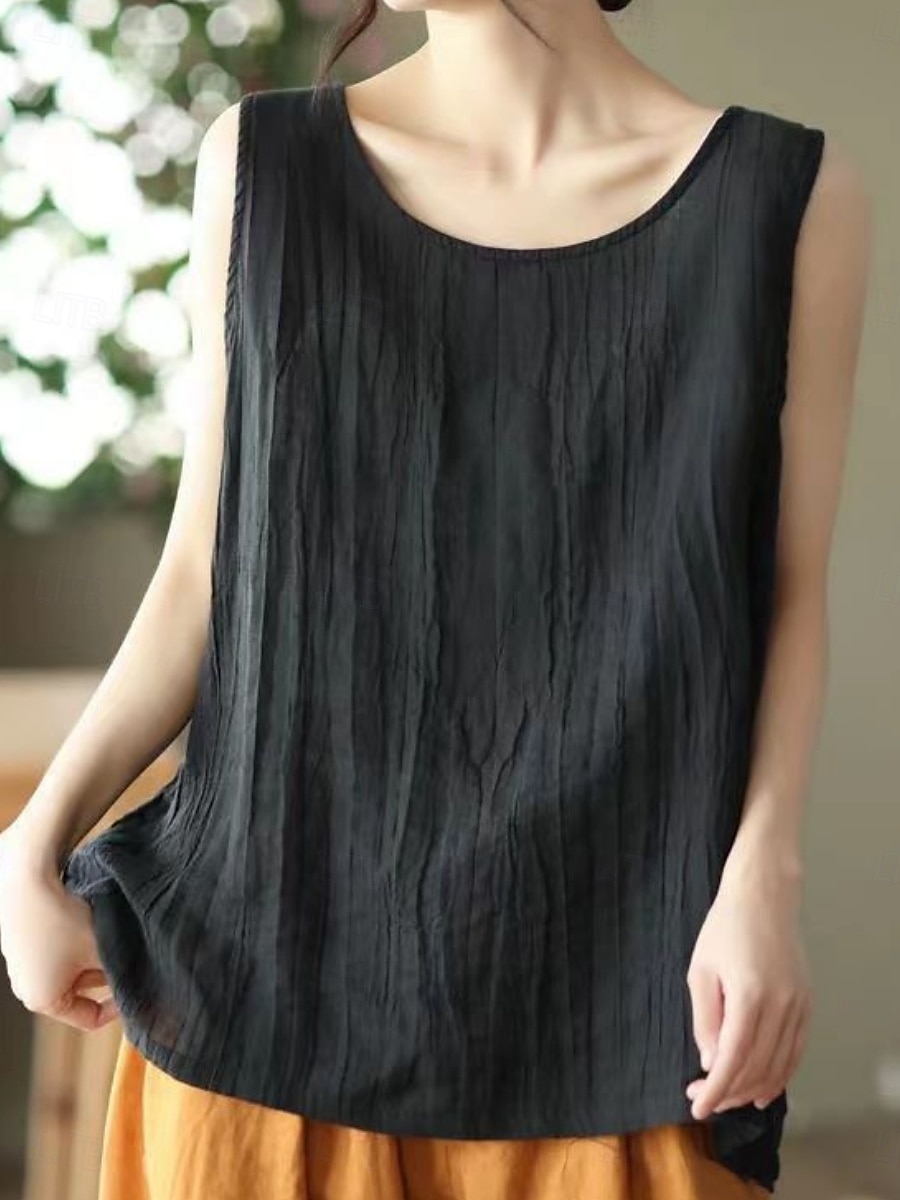 Femmes Chemises en coton et lin Chemise à col camp Couleur Unie Basique Occasionnel Sans manches Col en V Hauts Réguliers Quotidien Noir Blanche Rose Claire Vert Gris Été de 2025 ? $8.99 –P3