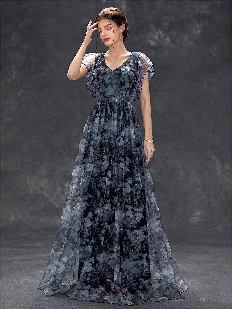 Abiti Quinceanera A-Line abito elegante formale lungo senza maniche scollatura a V in chiffon con stampa floreale del 2025 a $79.99 –P21