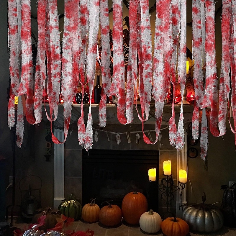 halloweeni véres gézkötés, vérfoltos kendőcsíkok, figyelmeztető szalag, hátborzongató jelenet dekoráció, kísértetjárta házibuli kellék 2025 - $9.49 –P4